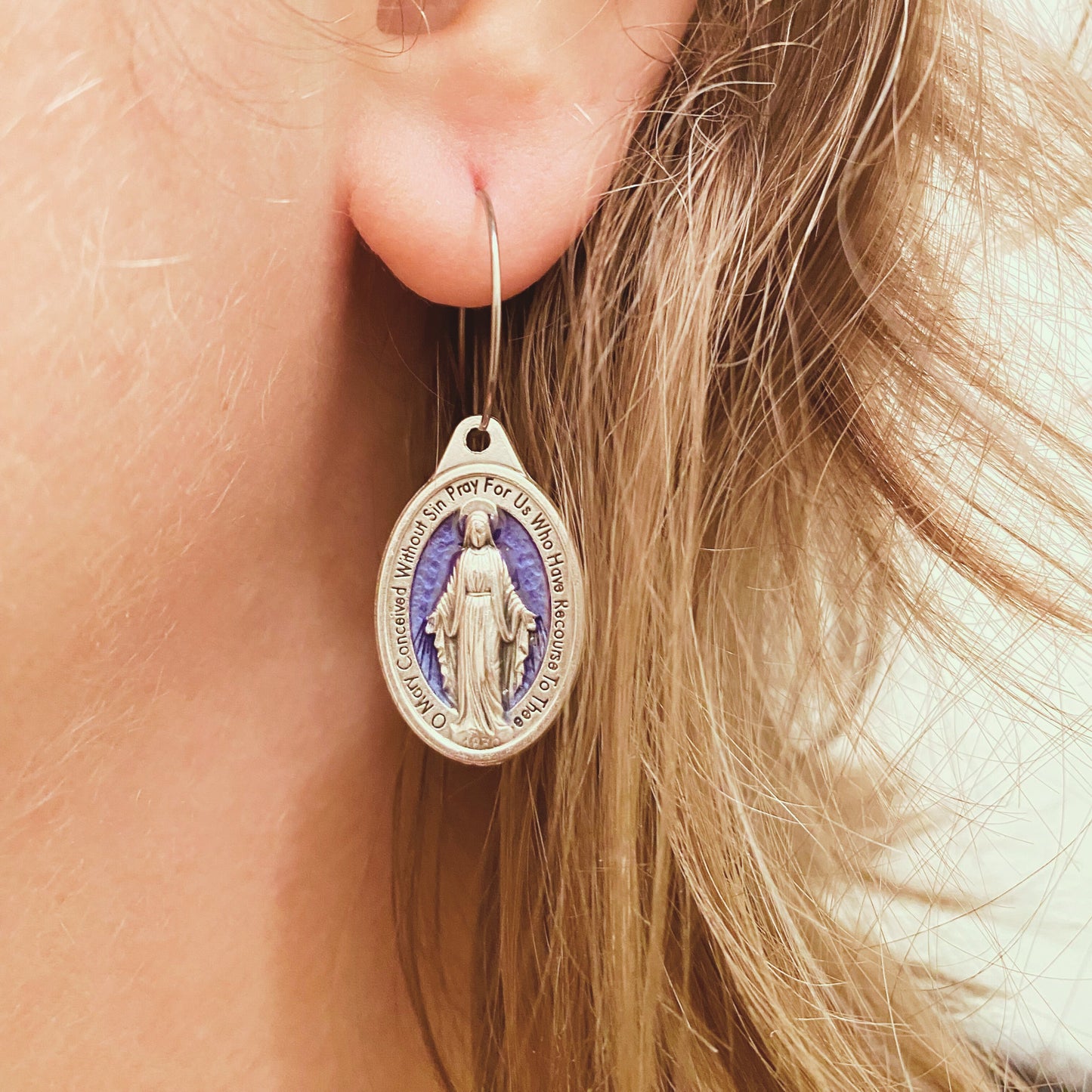 Blue Enamel Filled Miraculous Medal Earrings