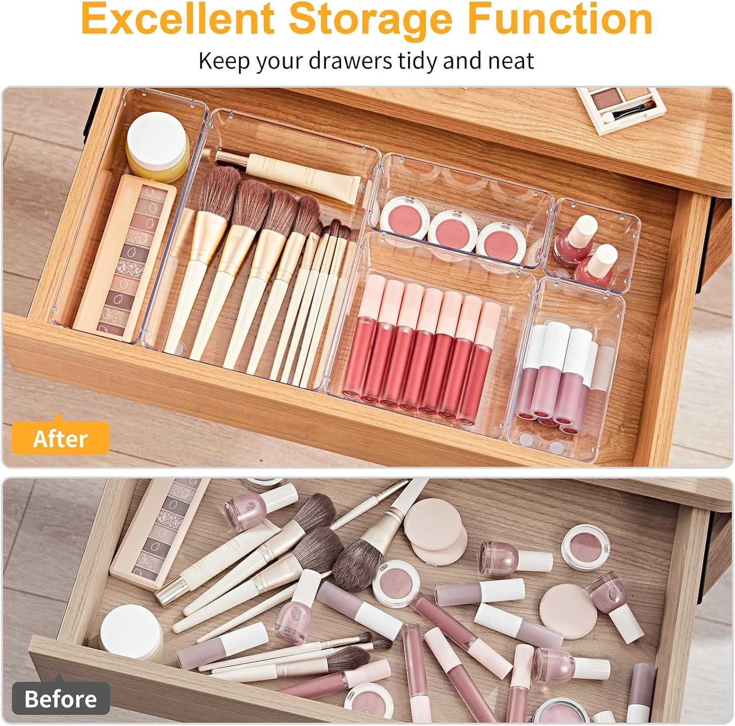 13-Piece Drawer Organizers with Non-Slip Silicone Pads, 5-Size Desk Bathroom Drawer Organizer Trays Storage Tray for Makeup, Jewelries, Utensils in Bedroom Dresser, Office and Kitchen, Clear