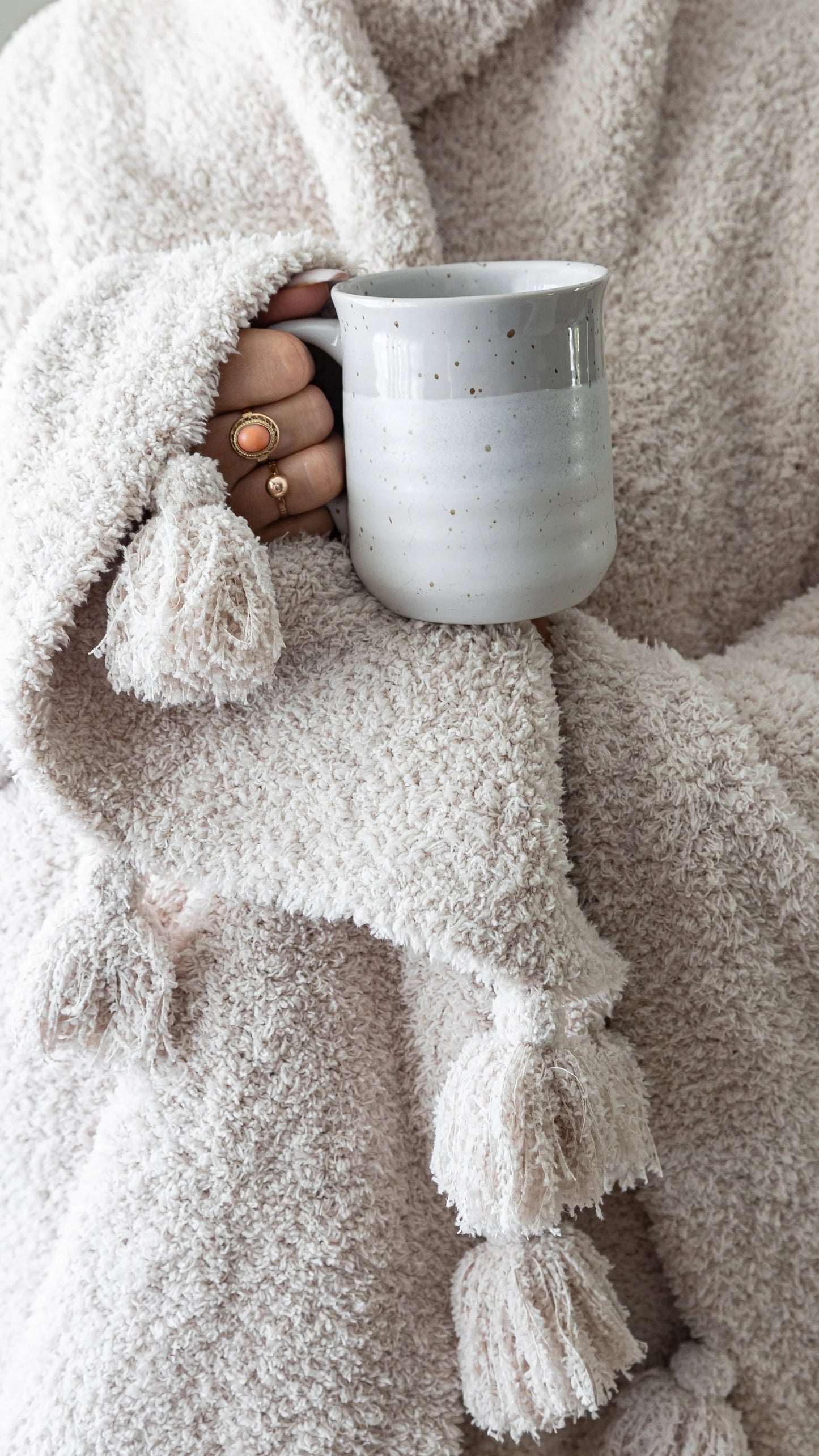 Blushing Beige Solid Double Layer with Tassels Print Extended Throw