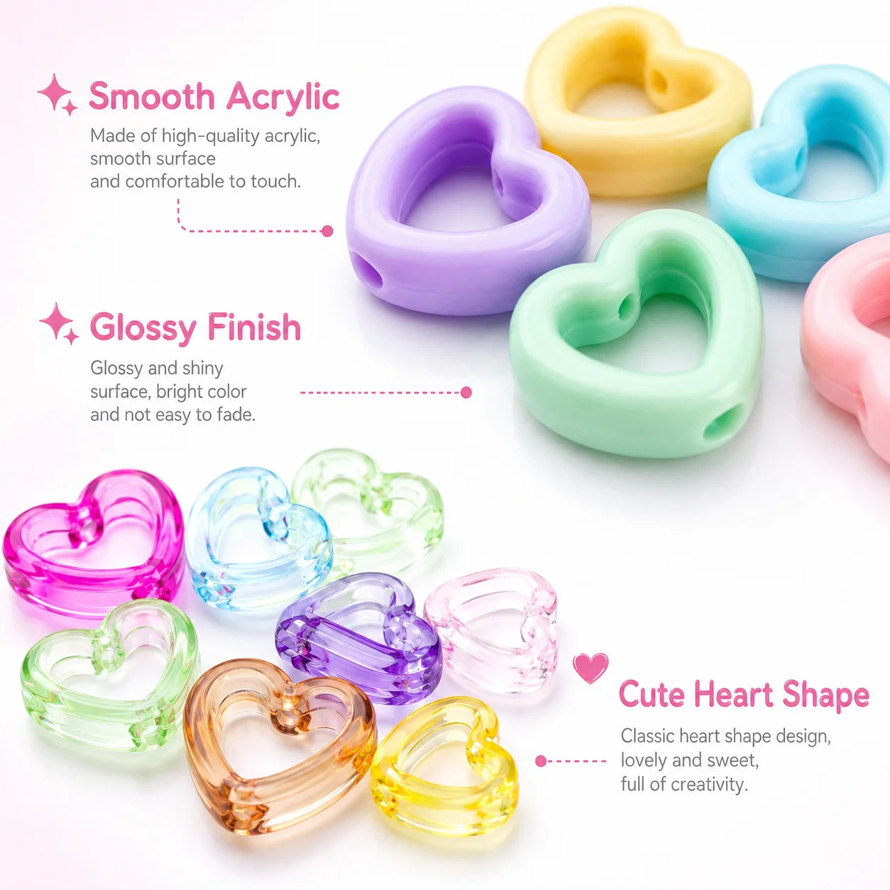 30Pcs Multicolor Clear Heart Acrylic Spacer Beads Hollow Heart Beads For DIY Beaded Pens Stationery Ornament Handcraft Material