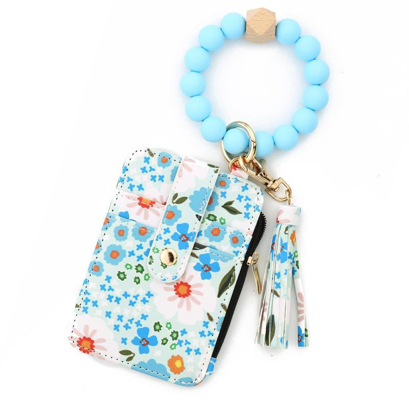 Christmas Gift Free!Ship! Keychain Wristlet Wallets for Women Cute Silicone Beaded Credit Card Holder Aesthetic Key Ring Bracelet Leopard Wallet Flower