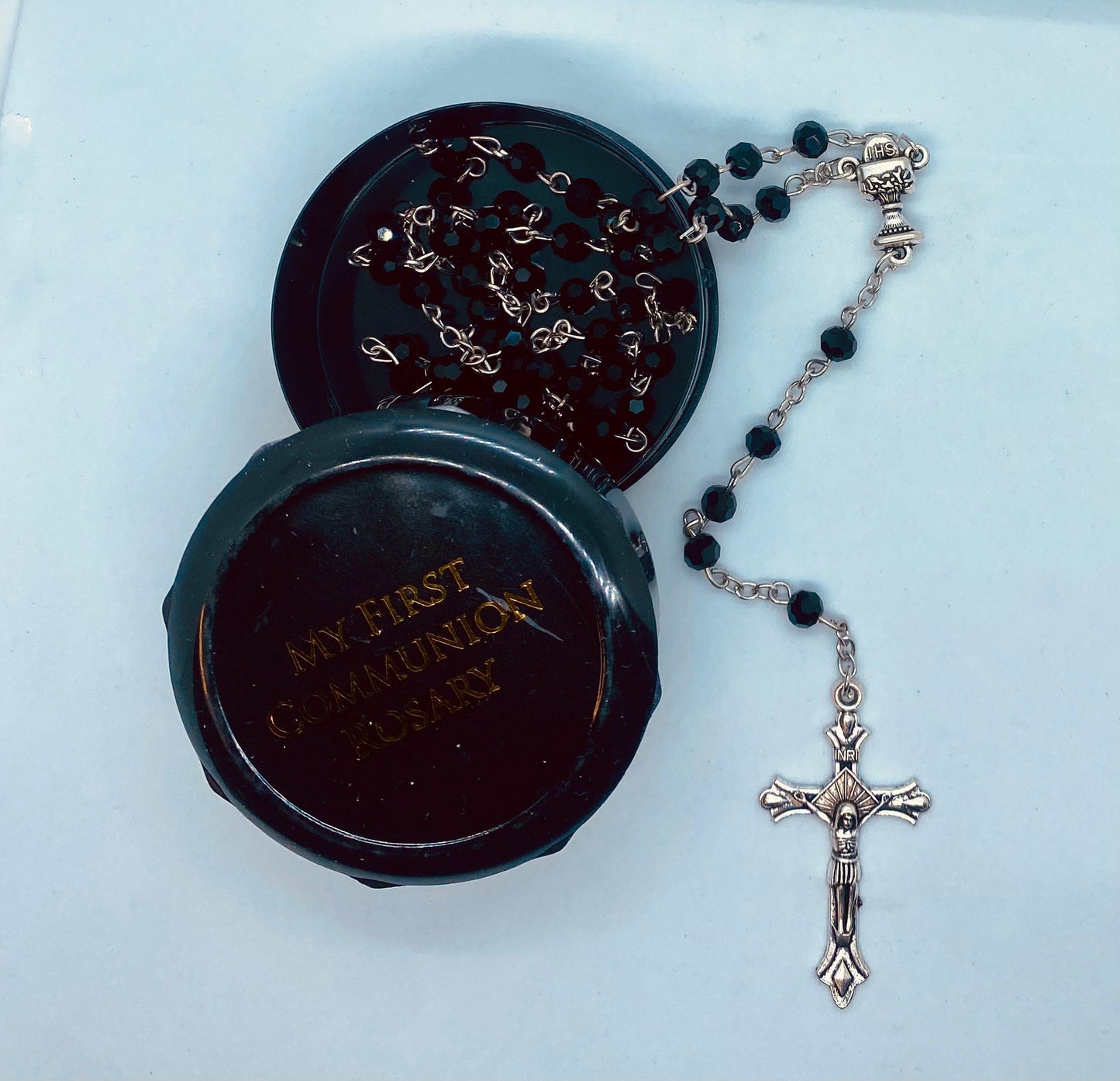 Black Faceted Bead Communion Rosary