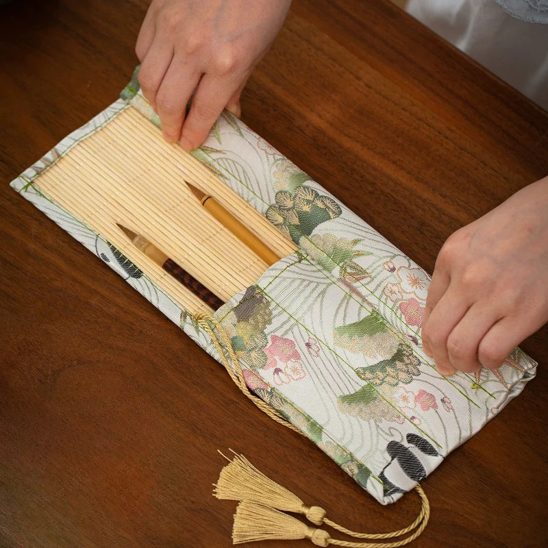 ✨Vintage Bamboo Roll Up Pencil Bag Chinese Calligraphy Brush Holder Wrap Retro Style Pencil Roll for Artists and School Supplies