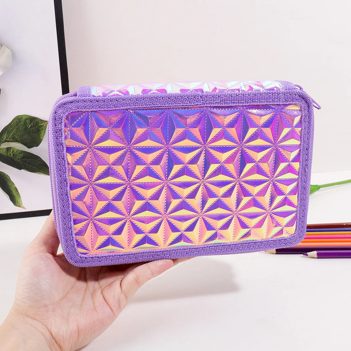 Y2K Purple Holographic Pencil Case, 2 Zipper Large Capacity Pencil Pouch for Girls Kids Back to School Supplies