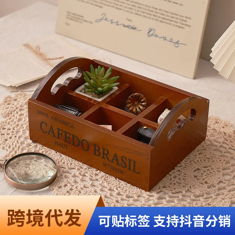 Zakka retro wooden portable six-grid storage box succulent desktop cosmetics sundries storage sorting wooden box