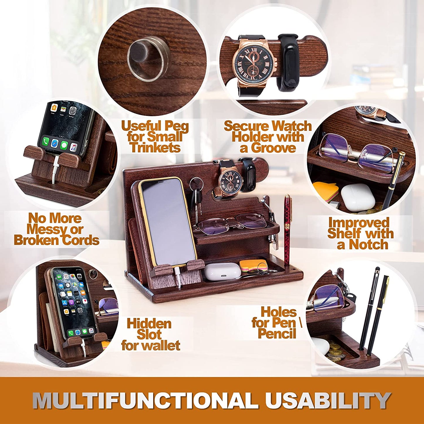 Wood Phone Docking Station - Gifts for Men - Desk or Nightstand Organizer - Birthday Gift for Husband, Dad - Anniversary Idea from Wife - Key Holder, Stand Wallet & Essentials (Bourbon Brown)