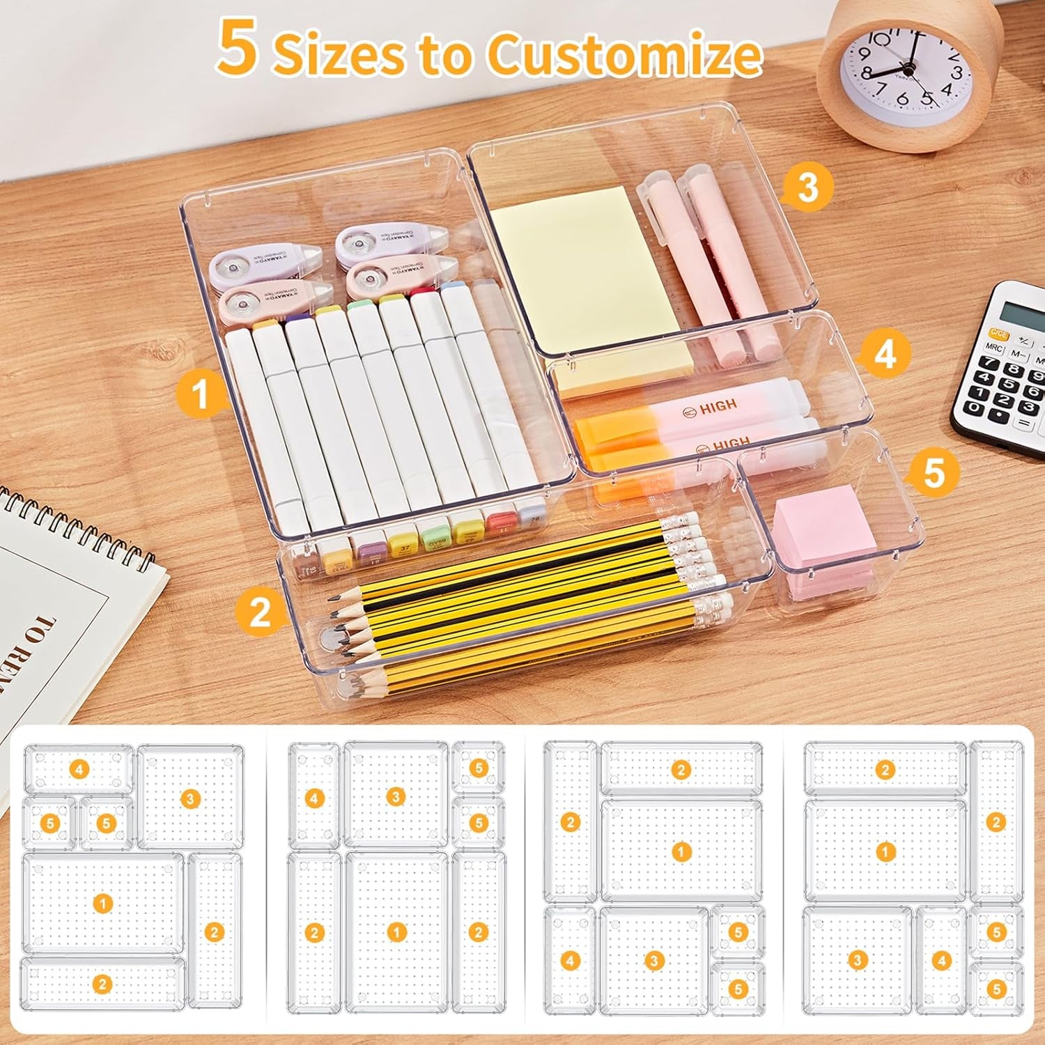 13-Piece Drawer Organizers with Non-Slip Silicone Pads, 5-Size Desk Bathroom Drawer Organizer Trays Storage Tray for Makeup, Jewelries, Utensils in Bedroom Dresser, Office and Kitchen, Clear