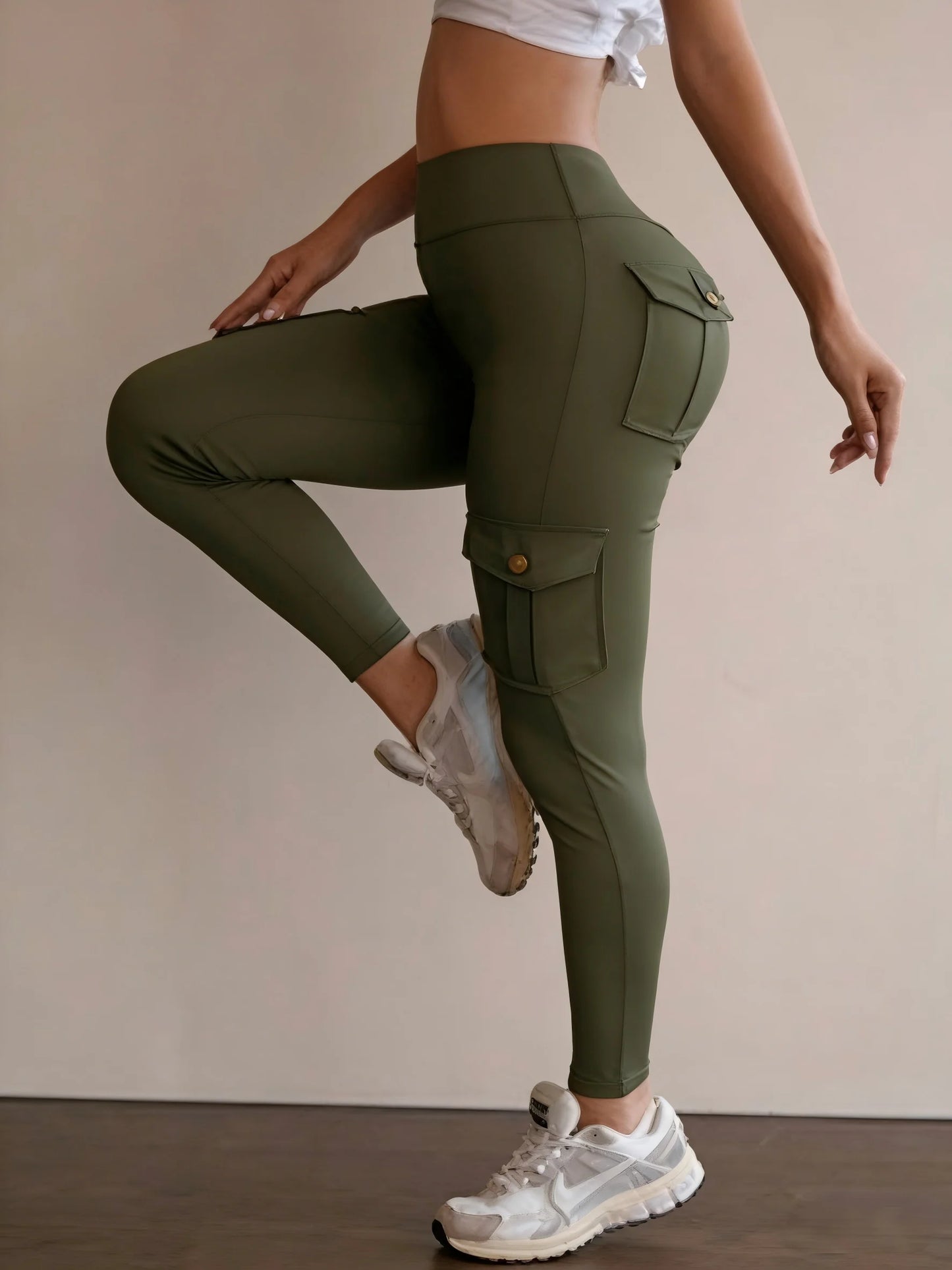 Women's High Waist Cargo Yoga Pants with Pockets, Butt Lifting Workout Leggings, Stretch Athletic Pants for Running Gym Fitness