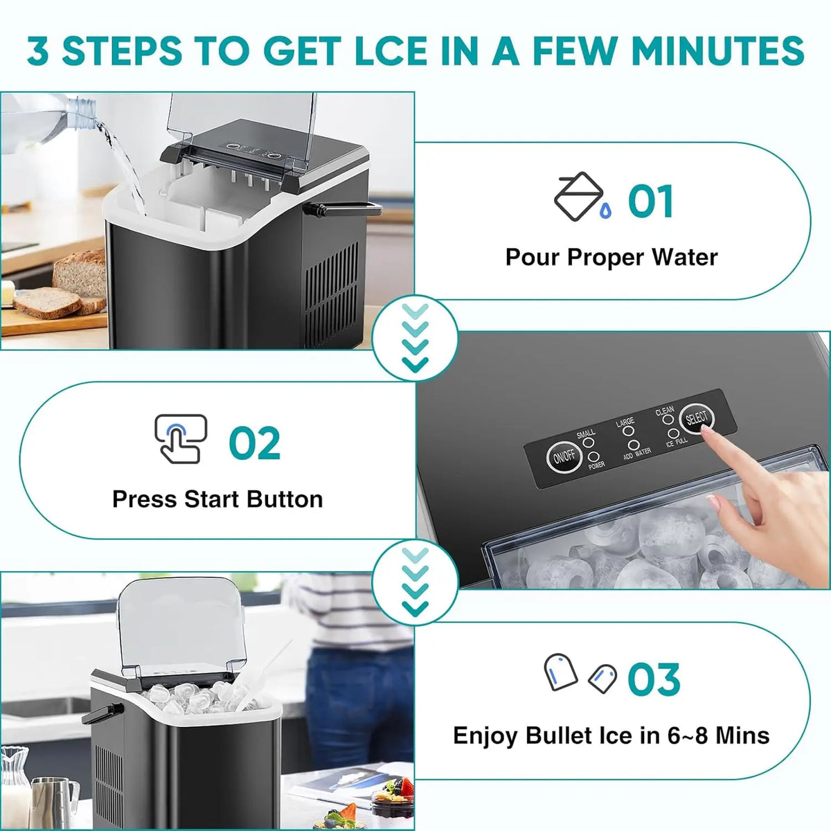 Ice Maker, Portable Countertop Icemaker Machine, Self Cleaning Quiet 2 Sizes Bullet Cubes Makers, Black