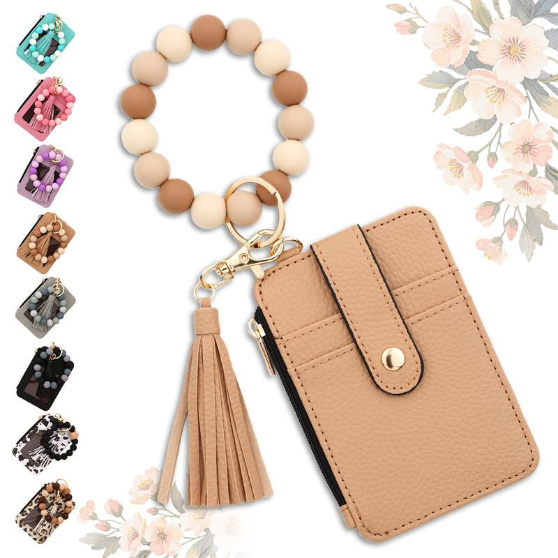 Christmas Gift Free!Ship! Keychain Wristlet Wallets for Women Cute Silicone Beaded Credit Card Holder Aesthetic Key Ring Bracelet Leopard Wallet Flower