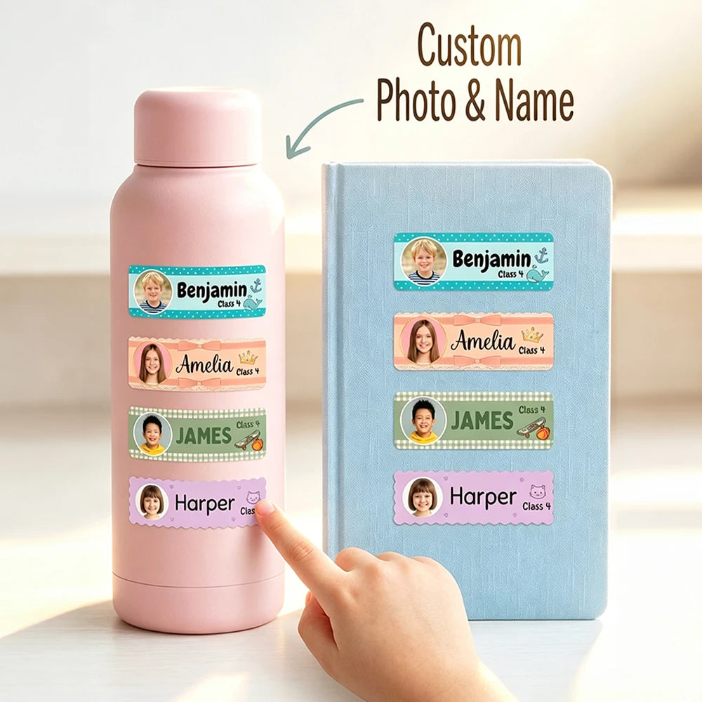 Custom Photo Name Labels Stickers,4Styles Cartoon Stickers,Students,Classroom Supplies,Water Bottle Labels,Back to School season