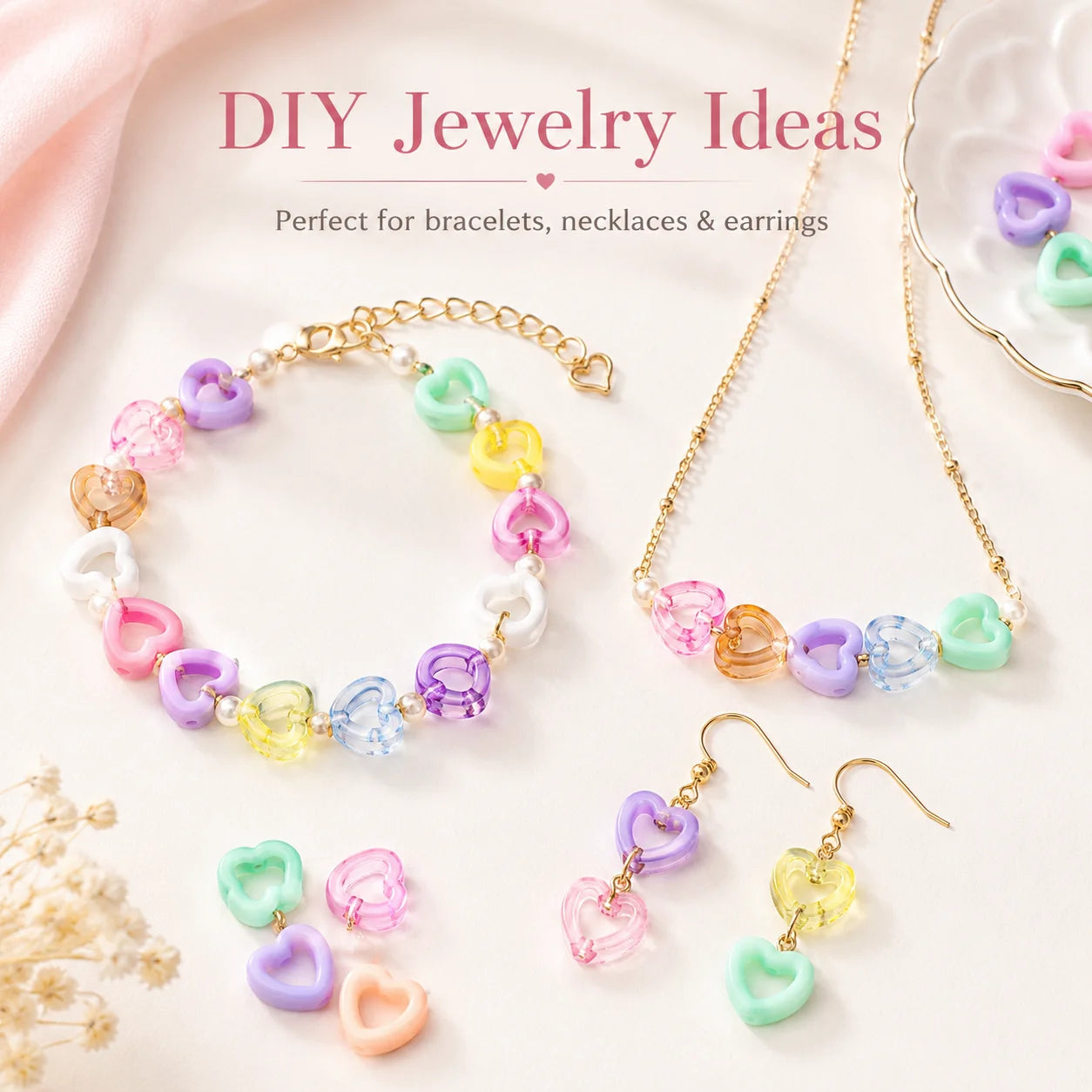 30Pcs Multicolor Clear Heart Acrylic Spacer Beads Hollow Heart Beads For DIY Beaded Pens Stationery Ornament Handcraft Material