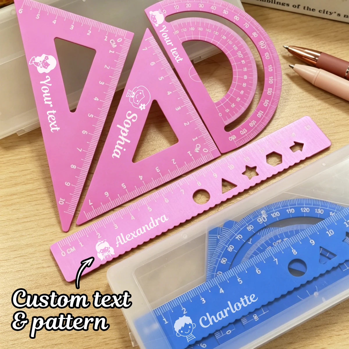 Custom Ruler Set With Text,Personalized Rulers,Triangle Ruler,Wave Line Ruler,Protractor,Back To School Supplies,Teacher's Day