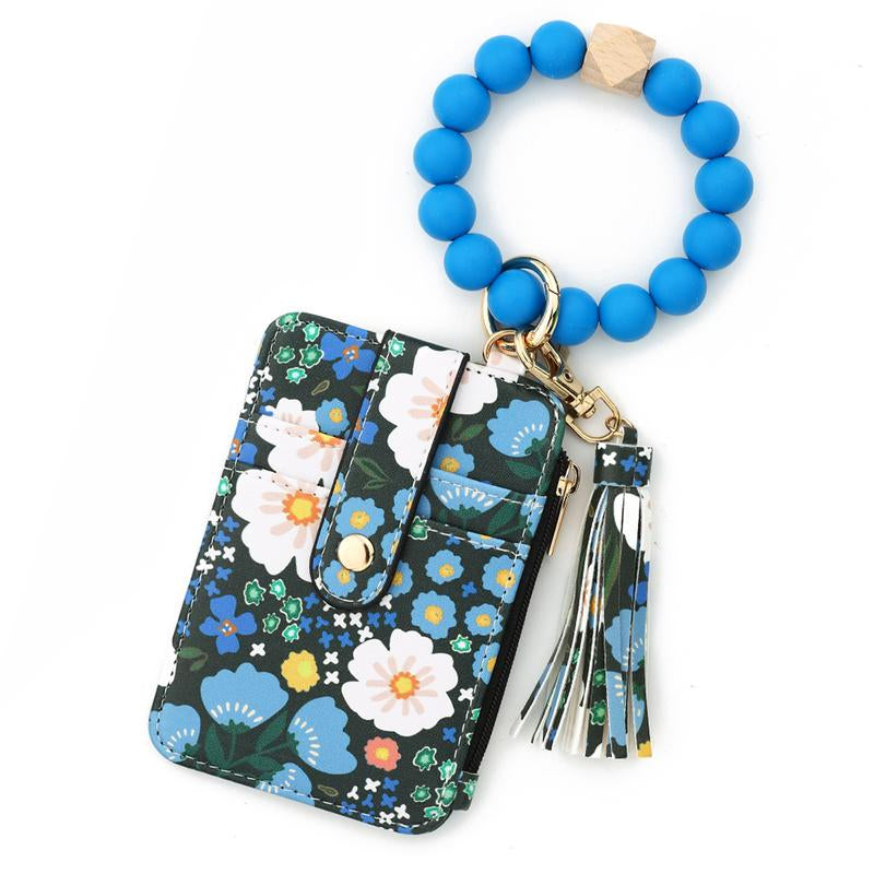 Christmas Gift Free!Ship! Keychain Wristlet Wallets for Women Cute Silicone Beaded Credit Card Holder Aesthetic Key Ring Bracelet Leopard Wallet Flower