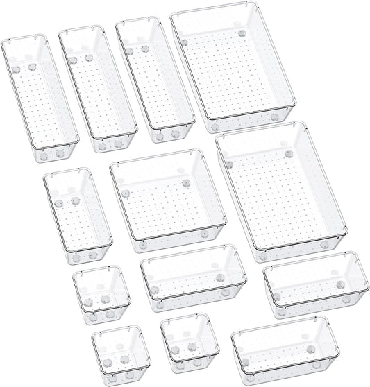 13-Piece Drawer Organizers with Non-Slip Silicone Pads, 5-Size Desk Bathroom Drawer Organizer Trays Storage Tray for Makeup, Jewelries, Utensils in Bedroom Dresser, Office and Kitchen, Clear