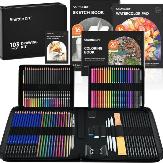 Shuttle Art-103/116/124 Pack Drawing Pencils Set, Sketching and Drawing Art Set with Colored Pencils, Sketch and Graphite Pencils in Portable Case, Drawing Supplies for Educational, Adults and Artists,Coloring Book