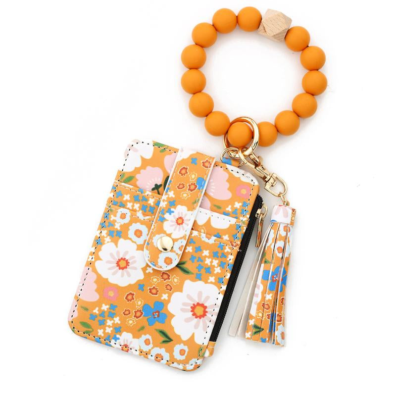 Christmas Gift Free!Ship! Keychain Wristlet Wallets for Women Cute Silicone Beaded Credit Card Holder Aesthetic Key Ring Bracelet Leopard Wallet Flower