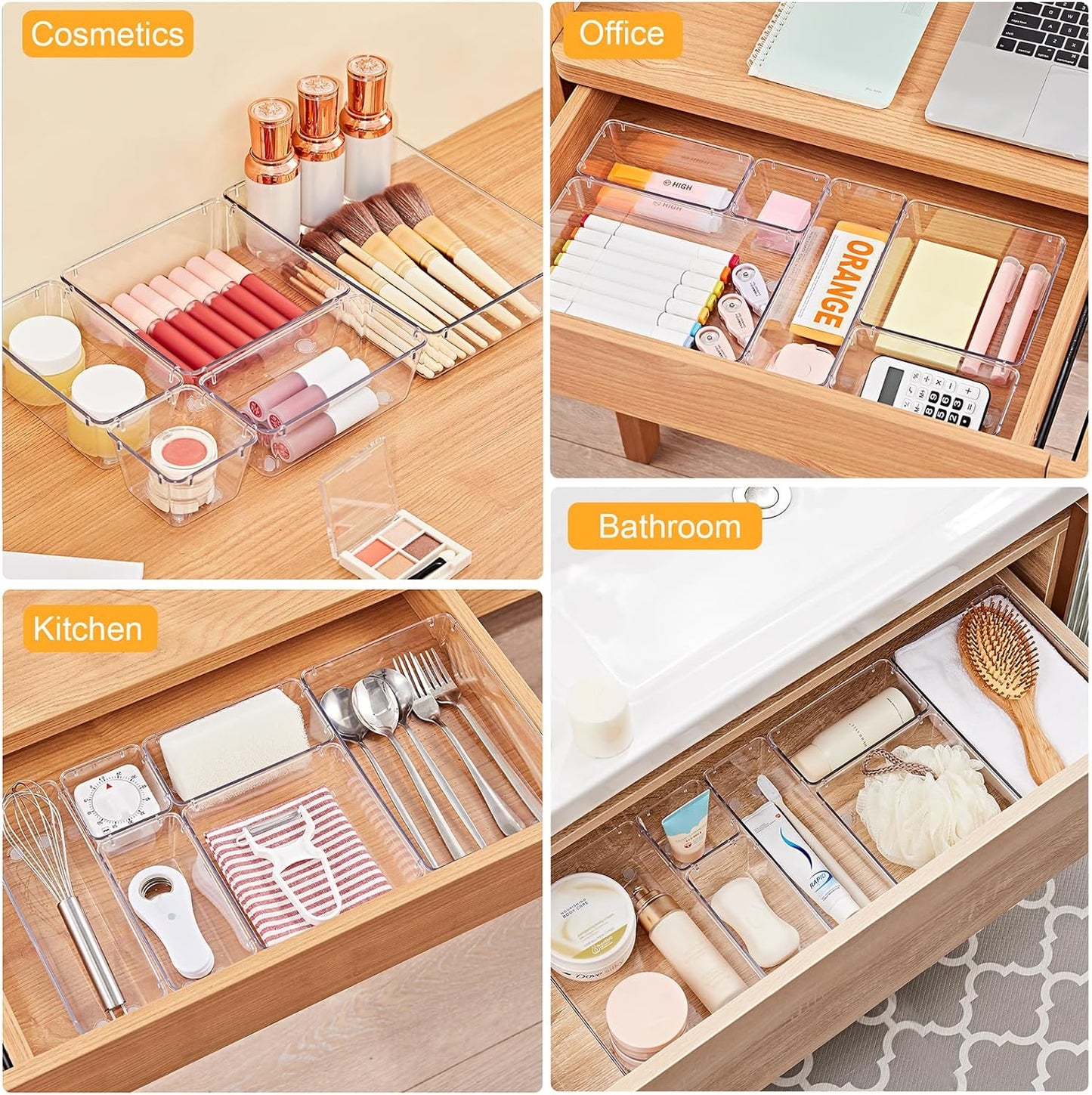 13-Piece Drawer Organizers with Non-Slip Silicone Pads, 5-Size Desk Bathroom Drawer Organizer Trays Storage Tray for Makeup, Jewelries, Utensils in Bedroom Dresser, Office and Kitchen, Clear