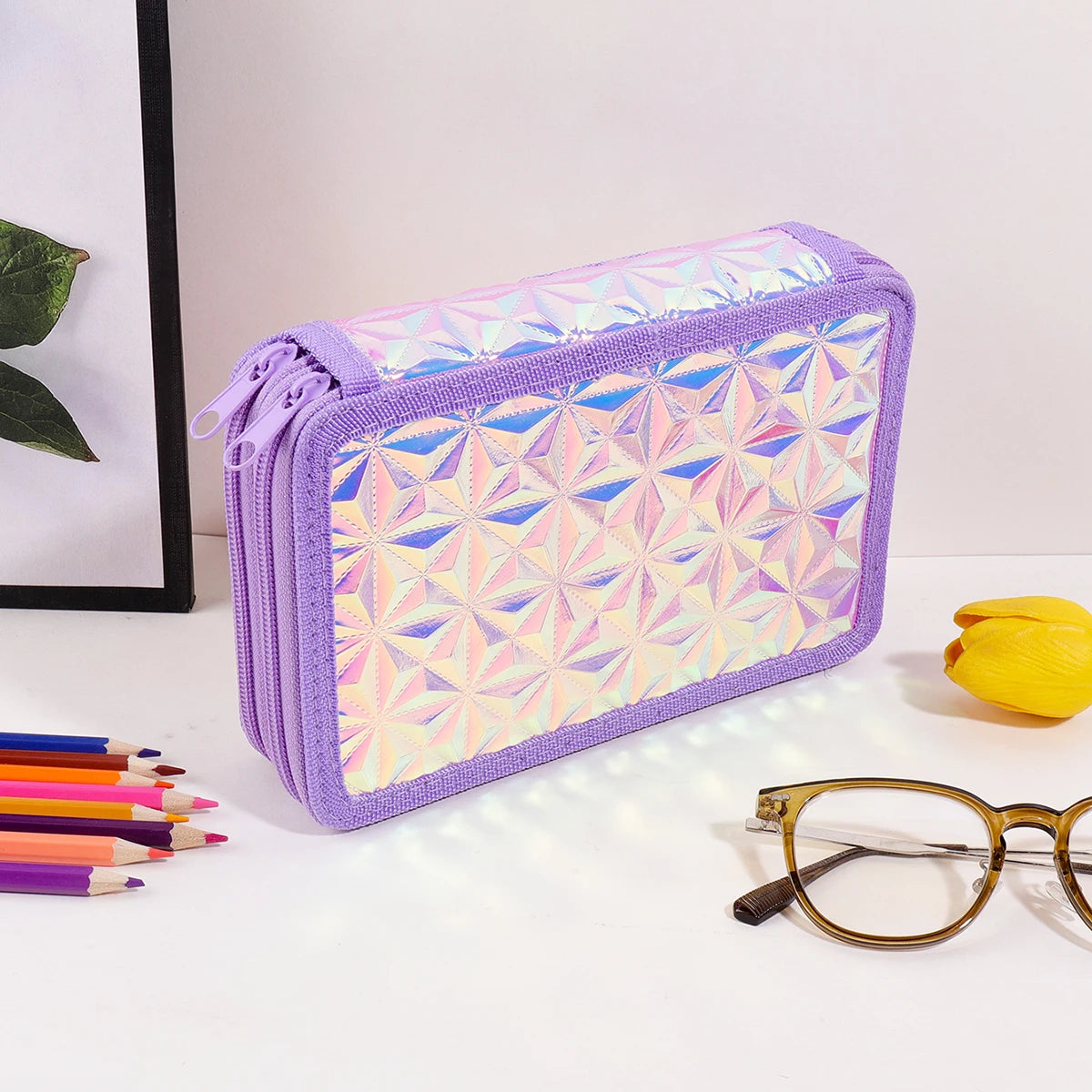 Y2K Purple Holographic Pencil Case, 2 Zipper Large Capacity Pencil Pouch for Girls Kids Back to School Supplies