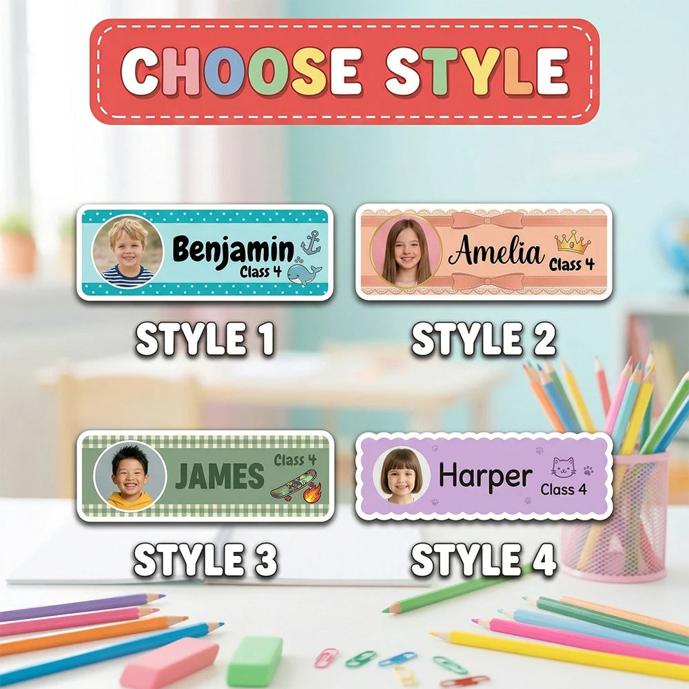 Custom Photo Name Labels Stickers,4Styles Cartoon Stickers,Students,Classroom Supplies,Water Bottle Labels,Back to School season