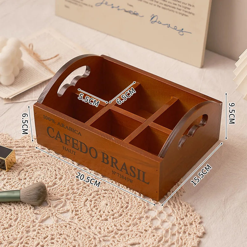 Zakka retro wooden portable six-grid storage box succulent desktop cosmetics sundries storage sorting wooden box