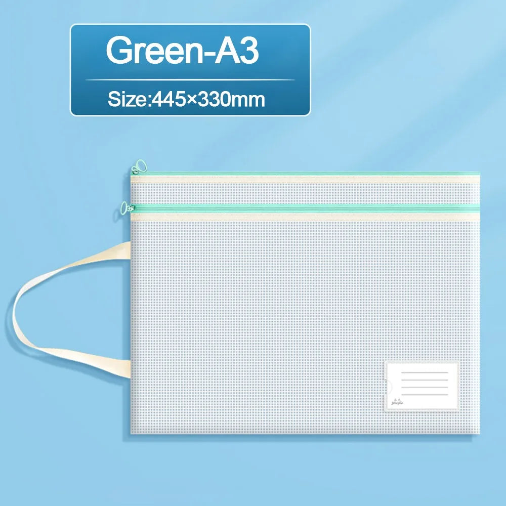 Portable A3/A4 Document Bag Transparent Waterproof Classification File Bag School Office Supplies Zipper Mesh Storage Bag