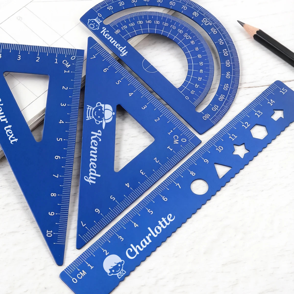 Custom Ruler Set With Text,Personalized Rulers,Triangle Ruler,Wave Line Ruler,Protractor,Back To School Supplies,Teacher's Day