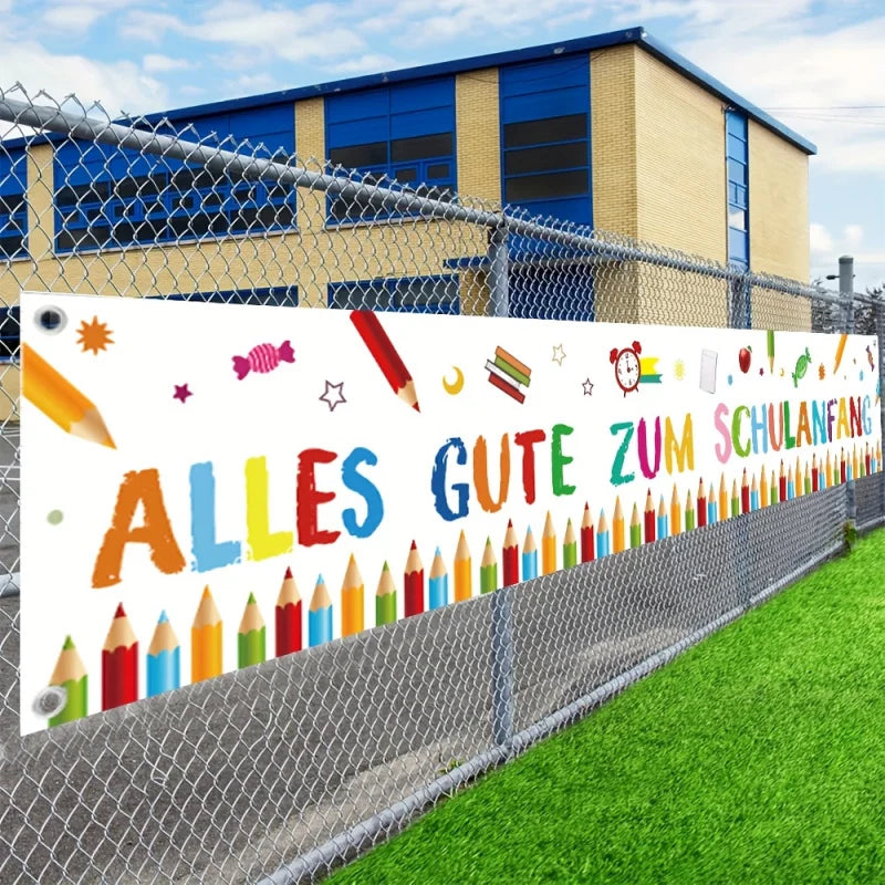 1 Piece Back to School Welcome Banner - 'Happy School Start' with Colorful Pens and School Supplies Design