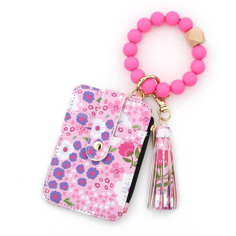 Christmas Gift Free!Ship! Keychain Wristlet Wallets for Women Cute Silicone Beaded Credit Card Holder Aesthetic Key Ring Bracelet Leopard Wallet Flower