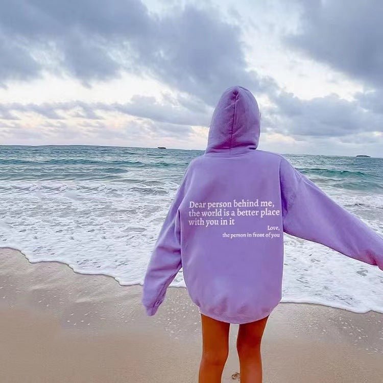 Dear Person Behind Me,the World Is A Better Place,with You In It,love,the Person In Front Of You,Women's Plush Letter Printed Kangaroo Pocket Drawstring Printed Hoodie Unisex Trendy Hoodies - Regalo ShopShirtCJCJWY173158347UFPurple2XLDear Person Behind Me,the World Is A Better Place,with You In It,love,the Person In Front Of You,Women's Plush Letter Printed Kangaroo Pocket Drawstring Printed Hoodie Unisex Trendy Hoodies