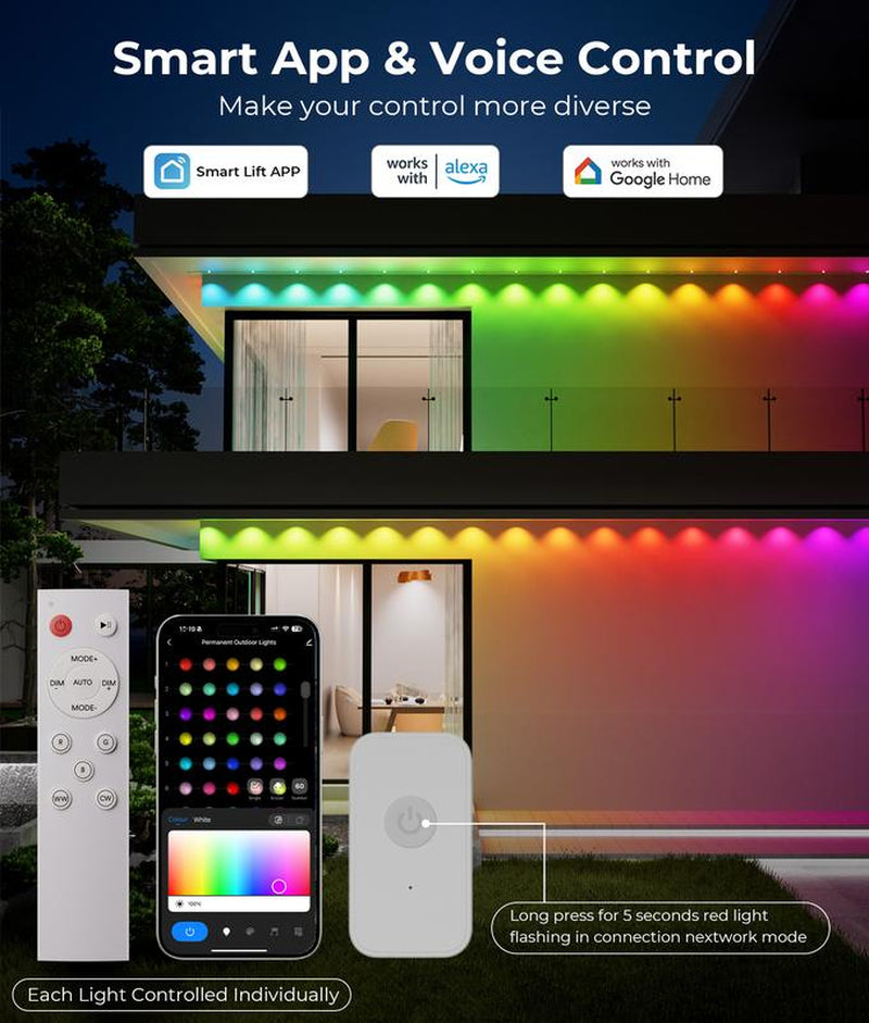 [Christmas Decoration]100Ft Smart Permanent Outdoor Lights Pro, RGBWW and 60LM Triple-Led Lights, Outdoor Decorations with 79 Scene Modes, IP67 Waterproof Work with Alexa, Google Assistant, White