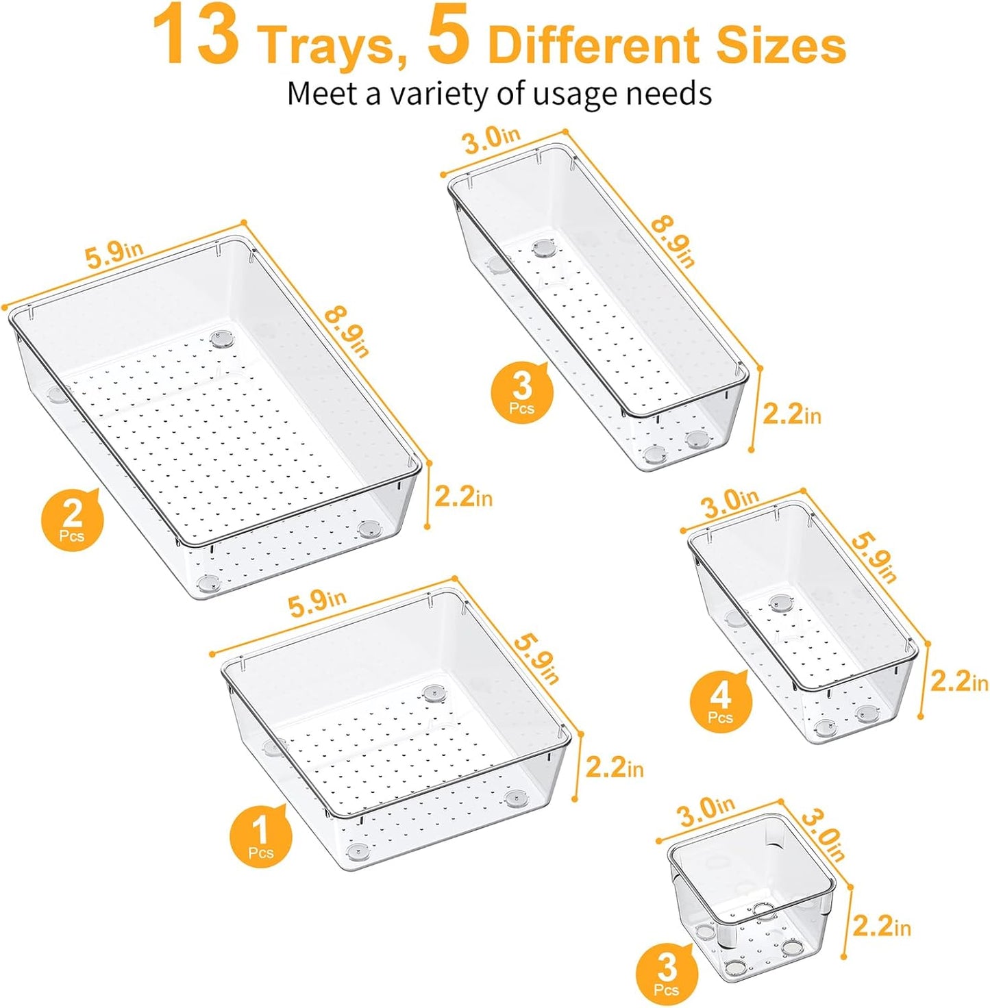 13-Piece Drawer Organizers with Non-Slip Silicone Pads, 5-Size Desk Bathroom Drawer Organizer Trays Storage Tray for Makeup, Jewelries, Utensils in Bedroom Dresser, Office and Kitchen, Clear