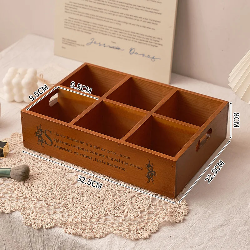 Zakka retro wooden portable six-grid storage box succulent desktop cosmetics sundries storage sorting wooden box