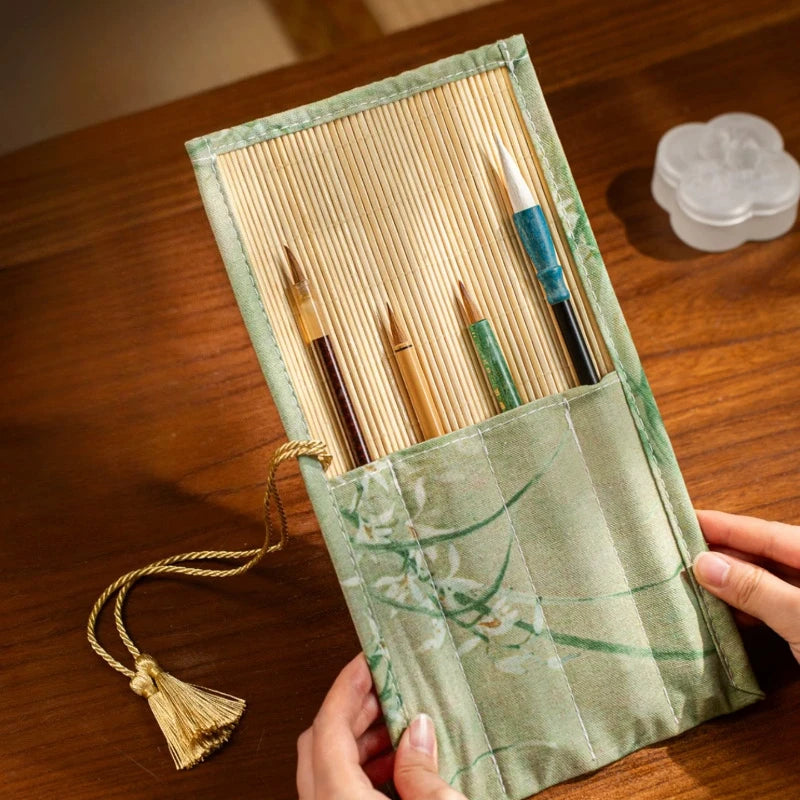 ✨Vintage Bamboo Roll Up Pencil Bag Chinese Calligraphy Brush Holder Wrap Retro Style Pencil Roll for Artists and School Supplies