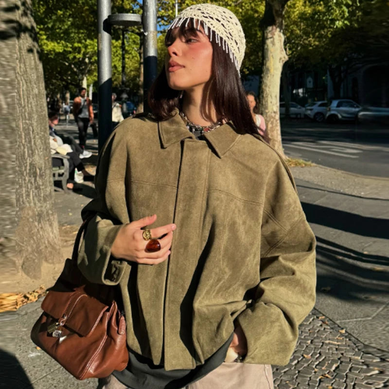 HXAO Suede Cropped Jacket Women's Bomber Jacket Oversized Batwing Sleeves Outerwears Lady Casual Loose Coat Street Style Jackets