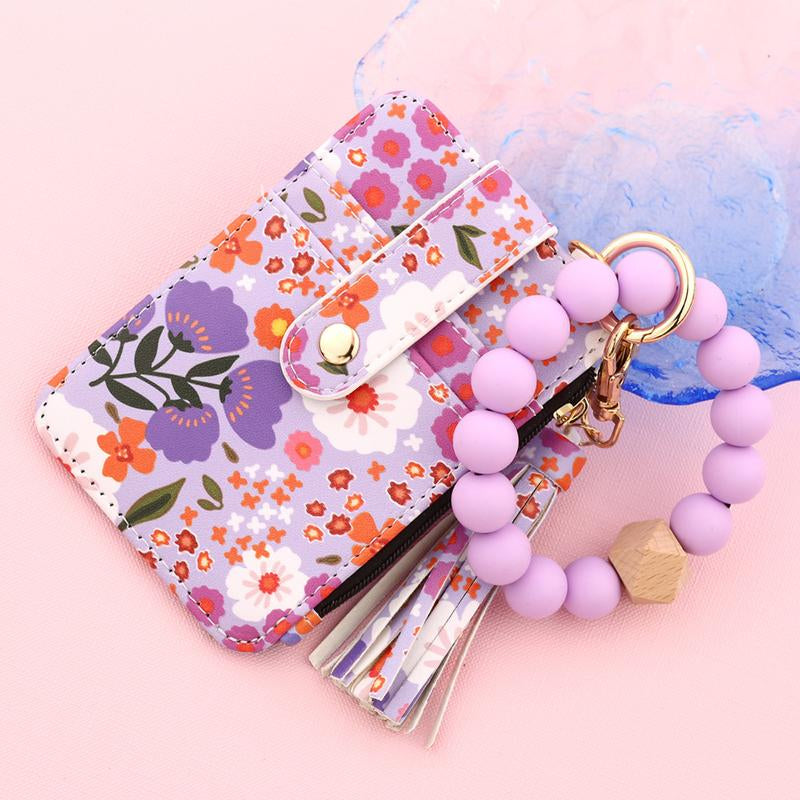 Christmas Gift Free!Ship! Keychain Wristlet Wallets for Women Cute Silicone Beaded Credit Card Holder Aesthetic Key Ring Bracelet Leopard Wallet Flower