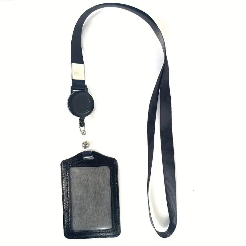 Black zipper badge lanyard - Durable synthetic leather, perfect for work permits, ID badges, office supplies,school supplies