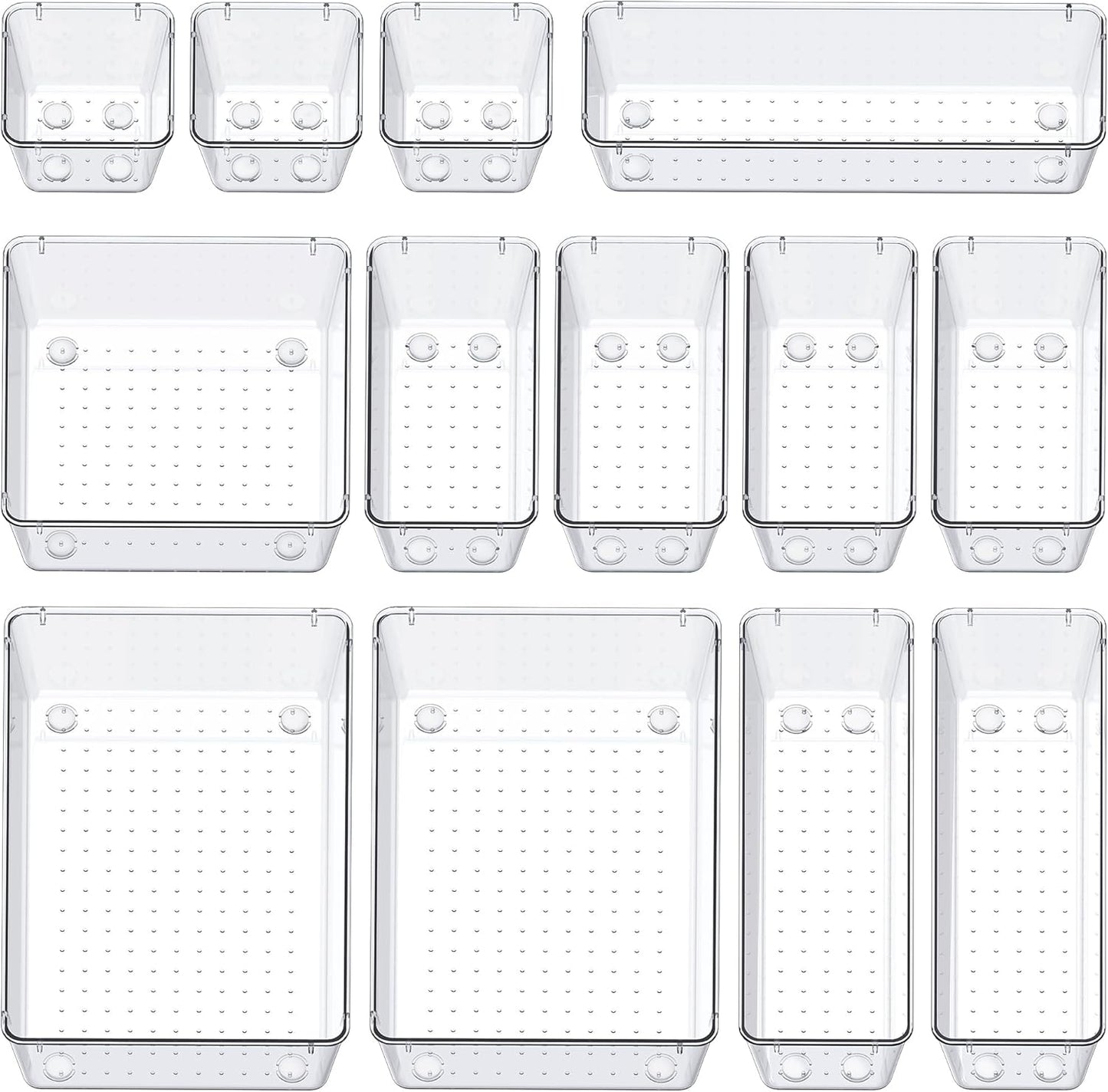 13-Piece Drawer Organizers with Non-Slip Silicone Pads, 5-Size Desk Bathroom Drawer Organizer Trays Storage Tray for Makeup, Jewelries, Utensils in Bedroom Dresser, Office and Kitchen, Clear