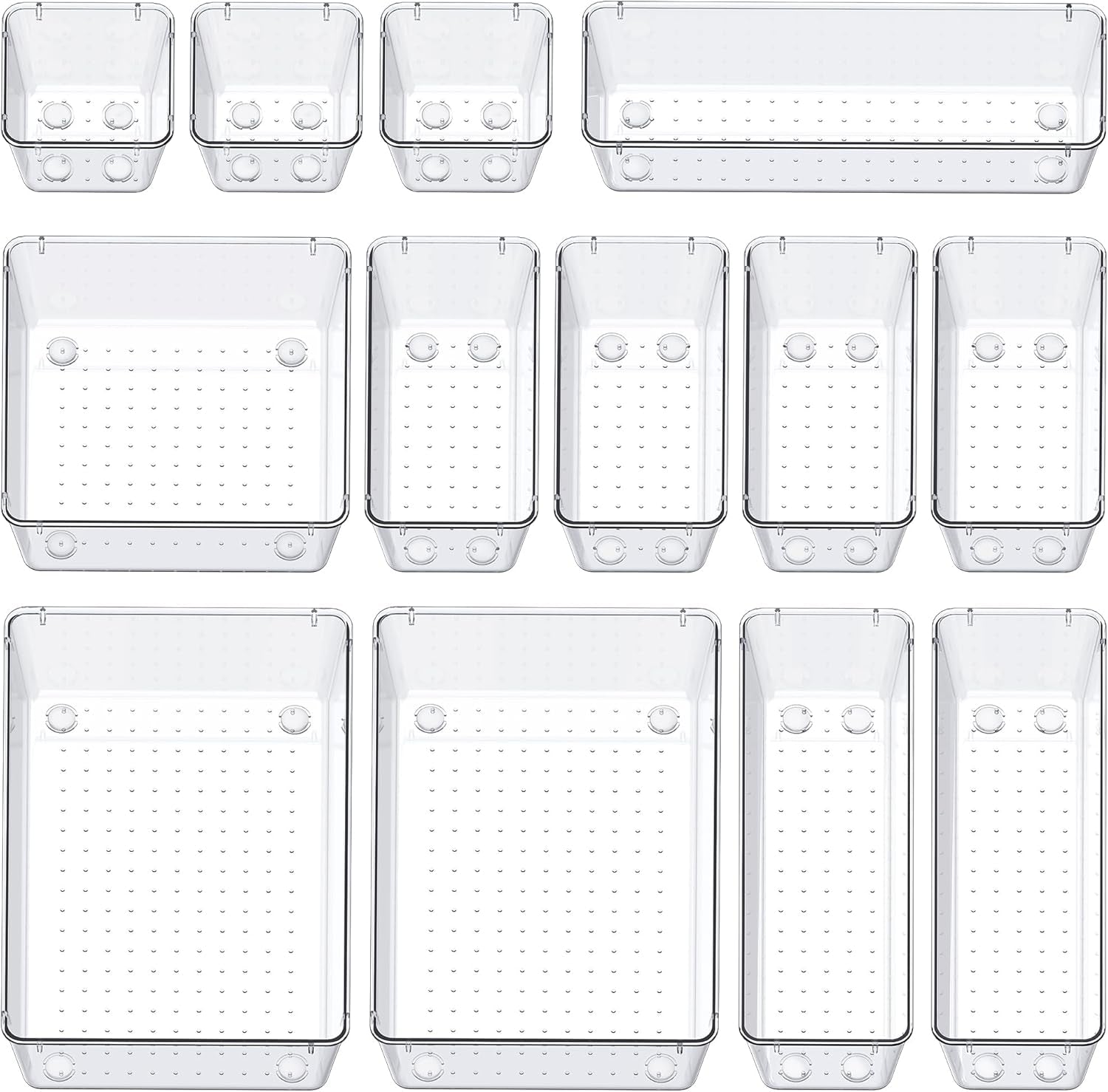 13-Piece Drawer Organizers with Non-Slip Silicone Pads, 5-Size Desk Bathroom Drawer Organizer Trays Storage Tray for Makeup, Jewelries, Utensils in Bedroom Dresser, Office and Kitchen, Clear