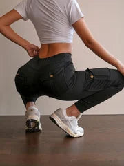 Women's High Waist Cargo Yoga Pants with Pockets, Butt Lifting Workout Leggings, Stretch Athletic Pants for Running Gym Fitness