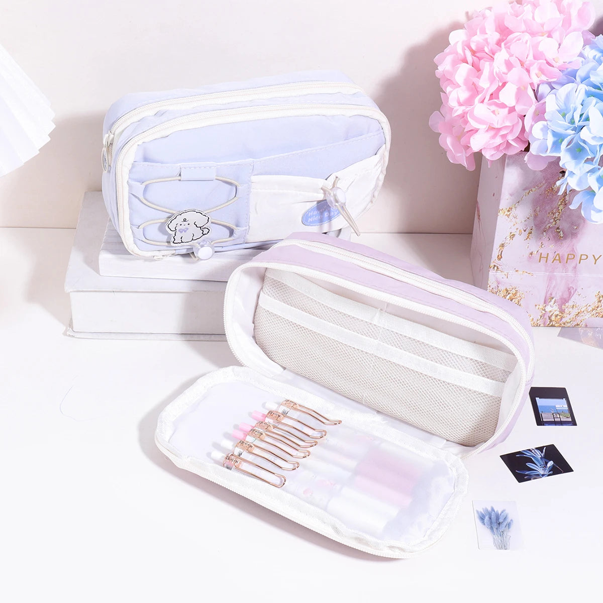 9 Layers Large Capacity Drawstring Pencil Case, Cute Puppy Multi Layer Stationery Storage Bag Portable School Supplies