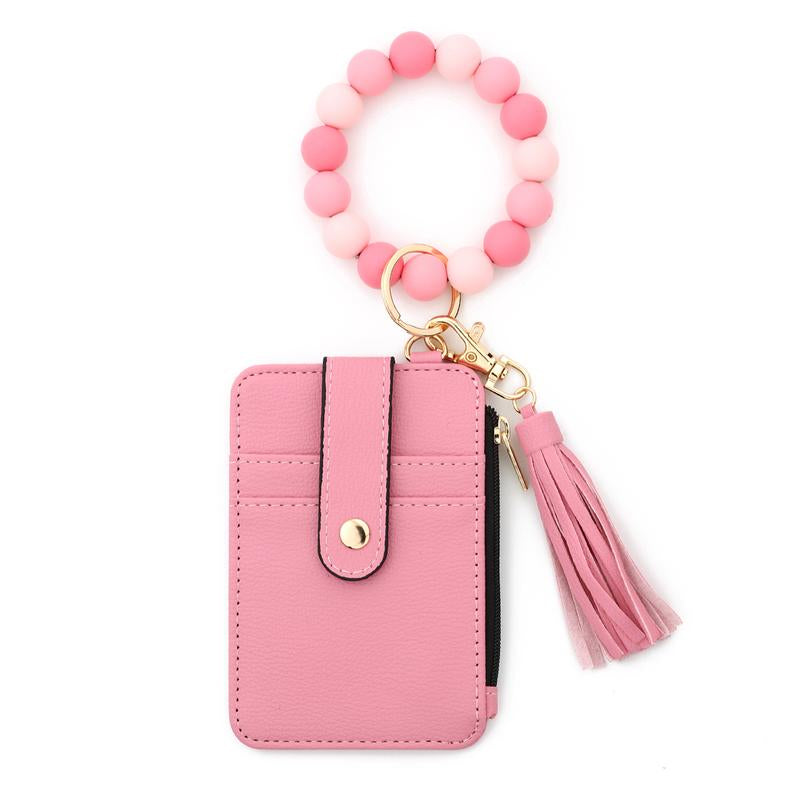 Christmas Gift Free!Ship! Keychain Wristlet Wallets for Women Cute Silicone Beaded Credit Card Holder Aesthetic Key Ring Bracelet Leopard Wallet Flower