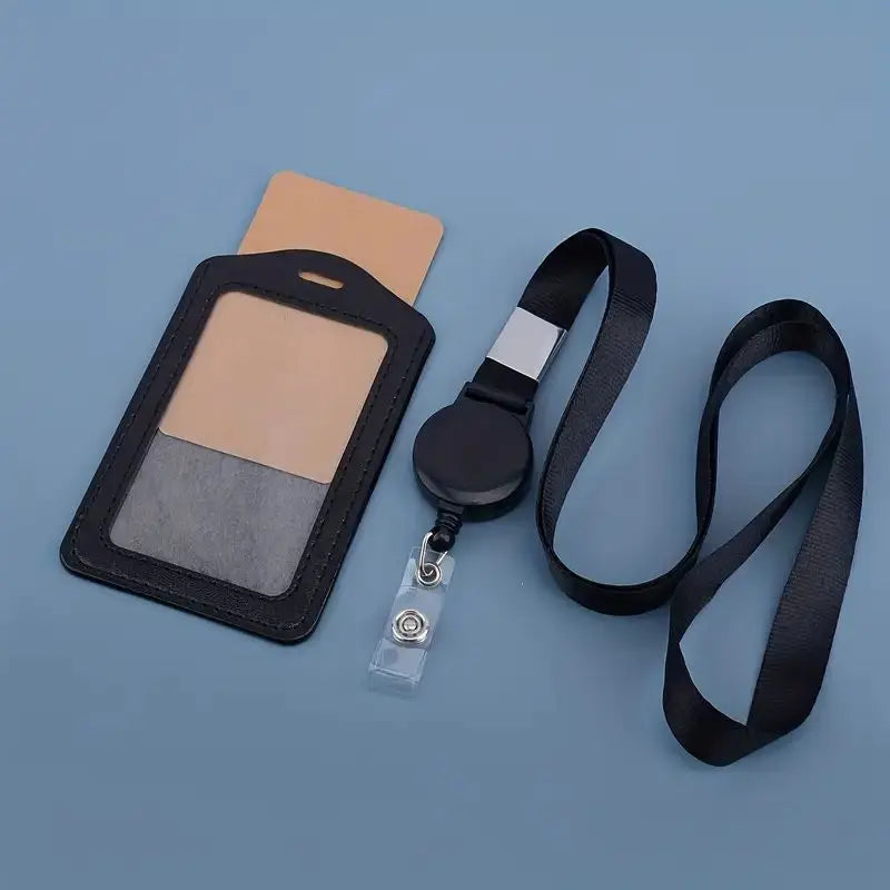 Black zipper badge lanyard - Durable synthetic leather, perfect for work permits, ID badges, office supplies,school supplies
