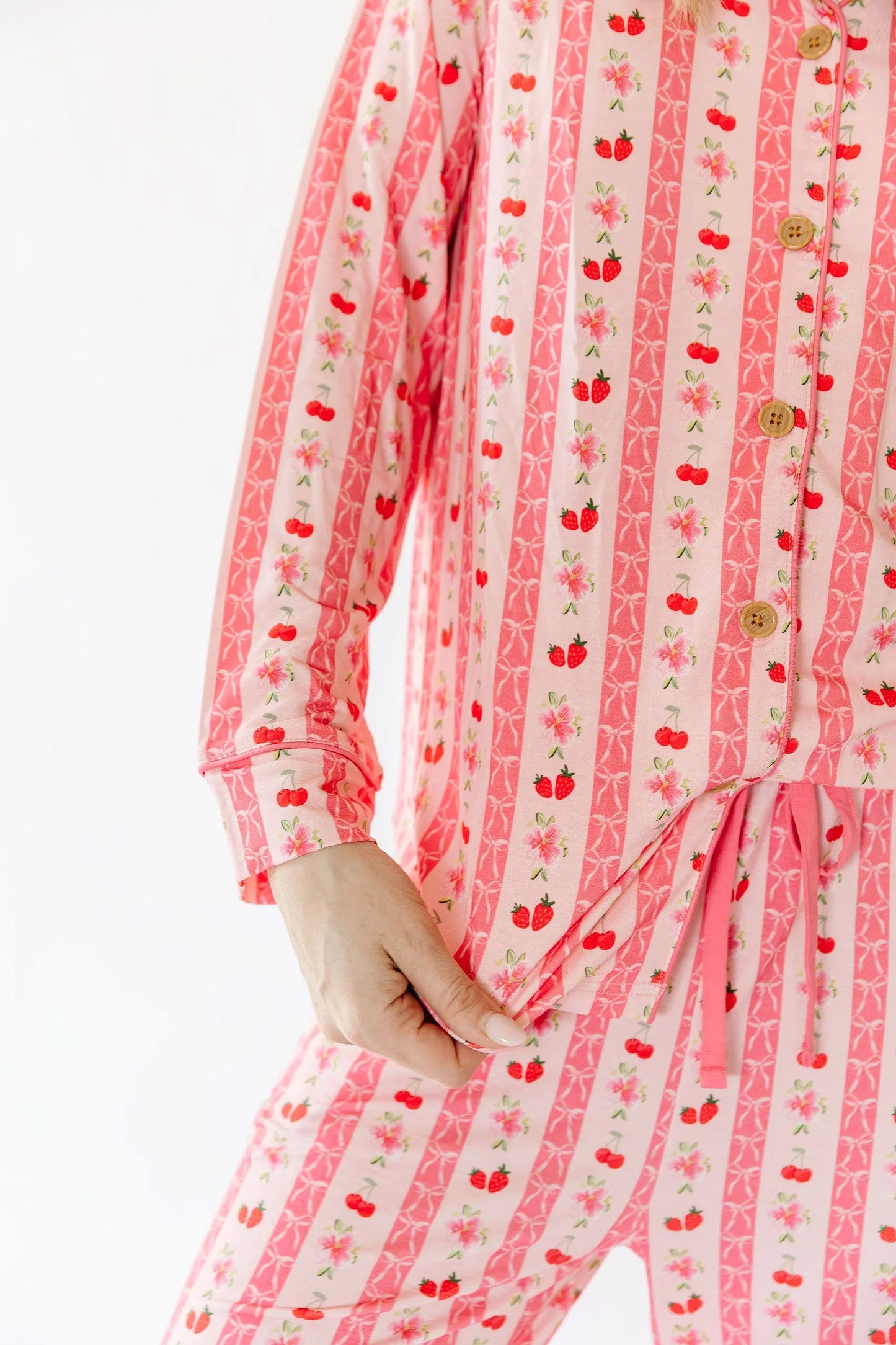 Pink Strawberry & Cherry Bows Adult Button Down Long Sleeve Pajama Top