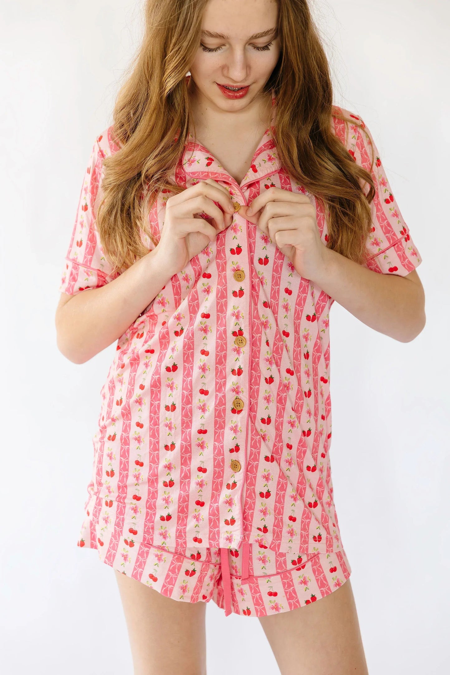 Pink Strawberry & Cherry Bows Adult Button Down Short Sleeve Pajama Top