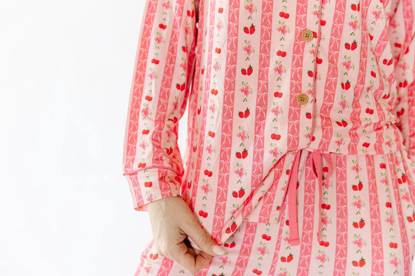 Pink Strawberry & Cherry Bows Adult Button Down Long Sleeve Pajama Top